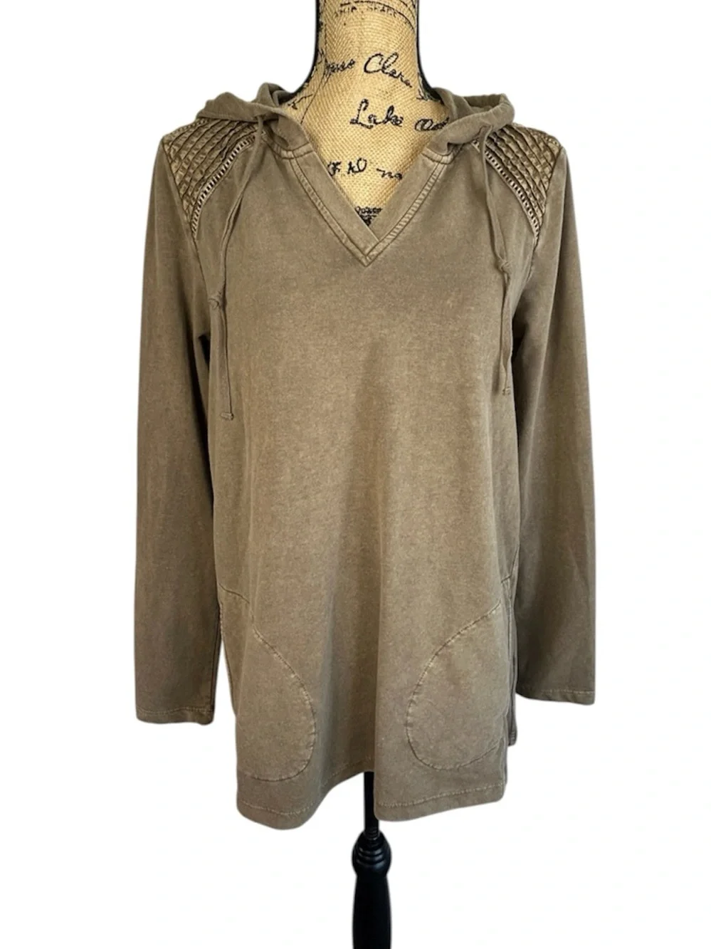 Logo Life Lori Goldstein Olive/Brown Hooded V-Neck Long Sleeve Top